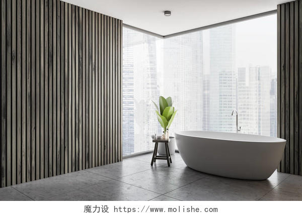 现代化的浴室角落设有深色木墙灰色地板和白色浴缸全景窗口